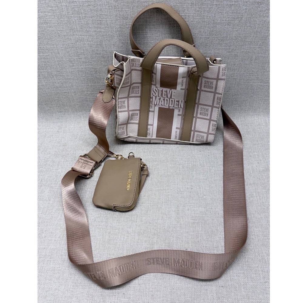 Steve Madden Logo Grid Crossbody‎ Tote Bag Tan Cream with Coin Purse New
